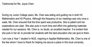 Excellent Teacher plus Productive Tuition 2 Ms. Chen is, no doubt, an excellent teacher.
