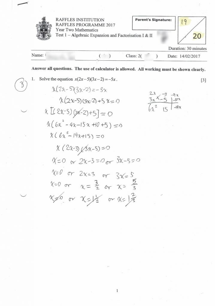 Our RI math tuition class student scored 19/20 2 RI Math tuition, good improvement, effective math tuition